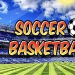 Chữ Soccer Basketball nổi bật trên nền sân vận động bóng đá với bầu trời xanh và ánh mặt trời