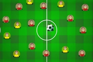 Sân bóng đá với các cầu thủ mặc áo đỏ và vàng cùng một quả bóng ở giữa sân