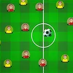Sân bóng đá với các cầu thủ mặc áo đỏ và vàng cùng một quả bóng ở giữa sân