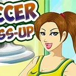 Hình ảnh một cô gái hoạt hình đang cười, mặc áo thể thao, với dòng chữ SOCCER DRESS-UP nổi bật