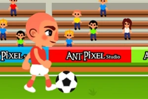 Một nhân vật hoạt hình đang đá bóng trên sân cỏ với khán giả ngồi trên khán đài phía sau