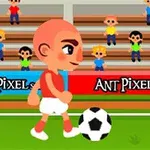Một nhân vật hoạt hình đang đá bóng trên sân cỏ với khán giả ngồi trên khán đài phía sau
