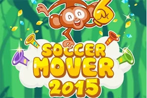 Một chú khỉ vui nhộn đang nhảy múa trên nền rừng xanh với chữ Soccer Mover 2015 và các kèn đầy màu sắc