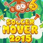 Một chú khỉ vui nhộn đang nhảy múa trên nền rừng xanh với chữ Soccer Mover 2015 và các kèn đầy màu sắc