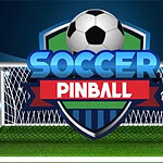 Biểu tượng quả bóng đá nằm trên lưới khung thành với chữ Soccer Pinball phía trước, nền màu tối và các yếu tố sáng xung quanh