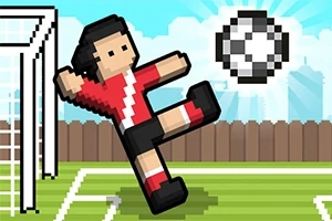 Hình ảnh mô tả một nhân vật pixel đang sút bóng vào khung thành trên sân cỏ, với hàng rào và bầu trời xanh phía sau