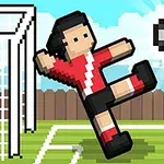 Hình ảnh mô tả một nhân vật pixel đang sút bóng vào khung thành trên sân cỏ, với hàng rào và bầu trời xanh phía sau