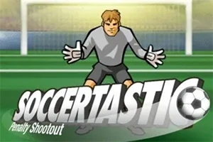 Một thủ môn hoạt hình đứng trong khung thành với chữ Soccertastic và hình ảnh quả bóng đá ở phía trước