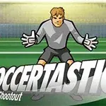 Một thủ môn hoạt hình đứng trong khung thành với chữ Soccertastic và hình ảnh quả bóng đá ở phía trước