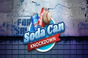 Hai lon soda và một quả bóng chày nổi bật trên hình nền xanh và đổ nát, kèm chữ Soda Can Knockdown