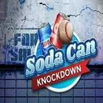 Hai lon soda và một quả bóng chày nổi bật trên hình nền xanh và đổ nát, kèm chữ Soda Can Knockdown