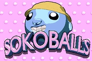 Hình ảnh một nhân vật hoạt hình hình tròn màu xanh đội mũ vàng với chữ SOKOBALLS phía trước trên nền màu hồng