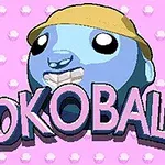 Hình ảnh một nhân vật hoạt hình hình tròn màu xanh đội mũ vàng với chữ SOKOBALLS phía trước trên nền màu hồng