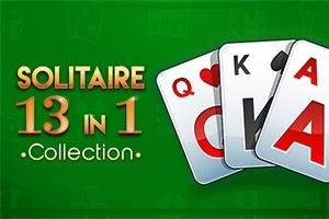Hình ảnh hiển thị ba lá bài Q, K, A trên nền màu xanh kèm chữ Solitaire 13 in 1 Collection
