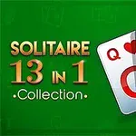 Hình ảnh hiển thị ba lá bài Q, K, A trên nền màu xanh kèm chữ Solitaire 13 in 1 Collection