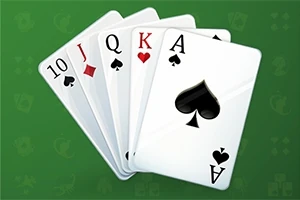 Năm lá bài gồm 10 tép, J bích, Q cơ, K rô, và A bích trên nền xanh lá cây