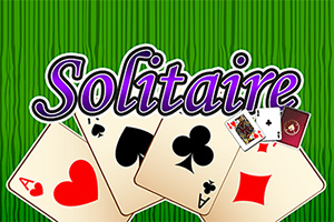 Hình ảnh có chữ Solitaire trên nền thảm cỏ xanh, kèm theo các lá bài gồm cơ, rô, nhép (tép), và bích