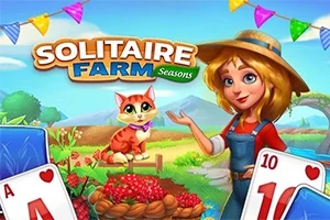 Một cô gái đội mũ rộng vành đứng cạnh một con mèo và giỏ trái cây, xung quanh là các quân bài dưới bầu trời xanh