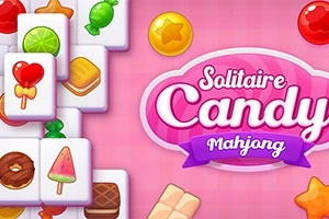 Các ô gạch được trang trí với hình ảnh bánh kẹo đầy màu sắc và một biểu ngữ mang dòng chữ Solitaire Candy Mahjong trên nền màu hồng