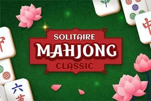 Nền xanh với các quân bài, hoa sen hồng và chữ Solitaire Mahjong Classic ở giữa