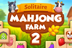 Tiêu đề Solitaire Mahjong Farm 2 với hình ảnh trang trại, các khối trò chơi, và minh họa động vật nông trại dễ thương