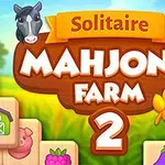 Tiêu đề Solitaire Mahjong Farm 2 với hình ảnh trang trại, các khối trò chơi, và minh họa động vật nông trại dễ thương