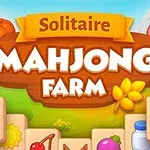 Hình ảnh có biểu ngữ ghi Solitaire Mahjong Farm với các biểu tượng nông trại như quả dâu, quả chuông, và hình con bò, cùng một chú lợn màu hồng bên góc
