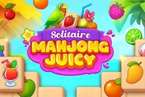 Hình ảnh có một chú vẹt xanh đứng trên các khối ghép xếp hình trái cây, với tiêu đề Solitaire Mahjong Juicy ở giữa nền xanh