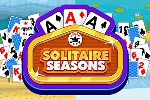 Thẻ bài với chữ Solitaire Seasons ở trung tâm, bao quanh bởi nhiều lá bài khác nhau trên nền biển và hoa sen
