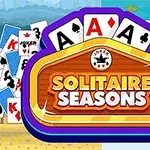 Thẻ bài với chữ Solitaire Seasons ở trung tâm, bao quanh bởi nhiều lá bài khác nhau trên nền biển và hoa sen