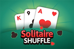 Ba lá bài gồm K cơ, 9 tép và A cơ trên nền xanh với chữ Solitaire Shuffle ở phía dưới