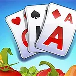 Ba lá bài với các chất cơ, bích và rô, nằm phía trên hình ảnh của các loại rau củ như bắp, cà chua, và cà tím trên nền xanh