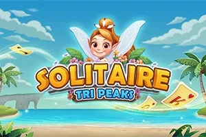 Hình ảnh nữ tiên với đôi cánh, chữ Solitaire Tri Peaks phía trước, bãi biển và cây cọ trong nền