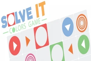 Chữ SOLVE IT COLORS GAME bên trên lưới hình vuông với các biểu tượng hình học màu sắc khác nhau