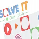 Chữ SOLVE IT COLORS GAME bên trên lưới hình vuông với các biểu tượng hình học màu sắc khác nhau