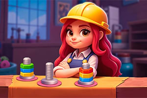Nhân vật hoạt hình với tóc đỏ đội mũ bảo hộ đứng trước bàn có các nút màu sắc trong xưởng