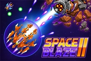 Tàu không gian màu cam đang bắn tia sáng xanh về phía tàu địch với chữ Space Blaze II nổi bật