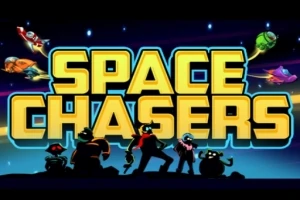 Các nhân vật đứng trước văn bản lớn SPACE CHASERS với nền không gian và tàu vũ trụ bay xung quanh