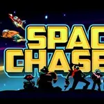 Các nhân vật đứng trước văn bản lớn SPACE CHASERS với nền không gian và tàu vũ trụ bay xung quanh