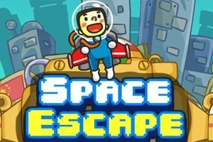 Nhân vật phi hành gia hoạt hình đứng trên một cỗ máy lớn với dòng chữ Space Escape phía trước, nền là khung cảnh thành phố