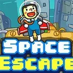 Nhân vật phi hành gia hoạt hình đứng trên một cỗ máy lớn với dòng chữ Space Escape phía trước, nền là khung cảnh thành phố
