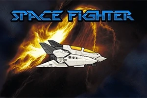 Phi thuyền không gian trắng trên nền vũ trụ với tia sáng vàng và chữ Space Fighter