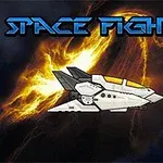 Phi thuyền không gian trắng trên nền vũ trụ với tia sáng vàng và chữ Space Fighter
