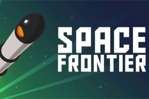 Hình ảnh có tên Space Frontier với nền vũ trụ và tên lửa đang bay