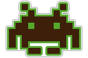 Hình ảnh của một nhân vật pixel màu nâu với viền xanh lá cây, có hai anten và mắt hình vuông