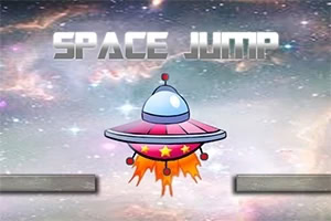 Một đĩa bay với lửa phụt xuống phía dưới, trên nền vũ trụ với chữ SPACE JUMP phía trên