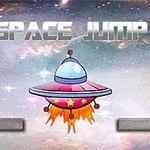 Một đĩa bay với lửa phụt xuống phía dưới, trên nền vũ trụ với chữ SPACE JUMP phía trên