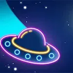 Đĩa bay neon màu sắc rực rỡ bay trong không gian với sao băng và ngôi sao trên nền tối