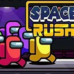 Những nhân vật hoạt hình nhiều màu sắc đang chạy trên một con tàu không gian với từ Space Rush ở trên