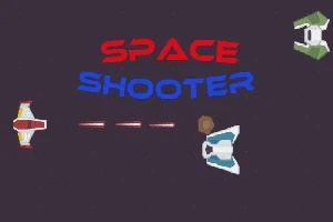 Một bối cảnh không gian với ba tàu vũ trụ và dòng chữ Space Shooter màu đỏ và xanh trên nền tối
